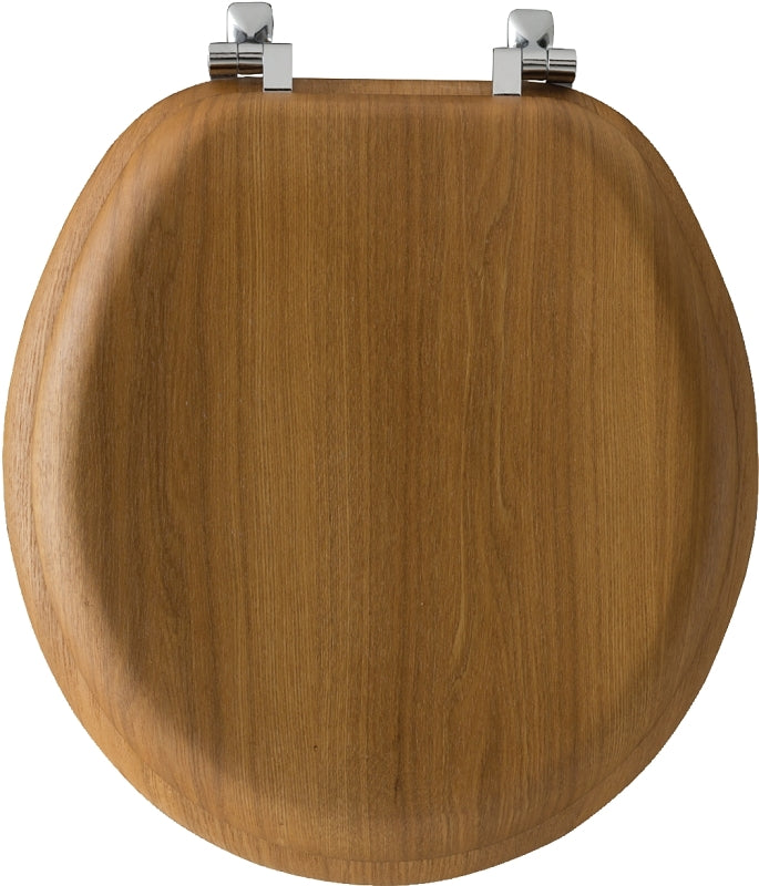 MAYFAIR 9601CP 378 Toilet Seat with Chrome Hinges, ROUND, Natural Oak Veneer