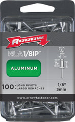 Arrow RLA1/8IP Long Aluminum 1/8-Inch Pop Rivets for Metal, Fabric, Leather, and Auto Repair, 100-Pack