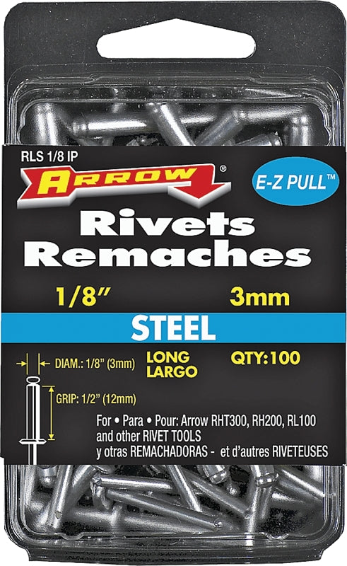 Arrow RLS1/8IP Long Steel 1/8-Inch Pop Rivets for Metal, Fabric, Leather, and Auto Repair, 100-Pack