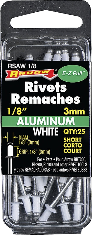Arrow RSAW1/8 Short Aluminum White 1/8-Inch Rivets, 25-Count