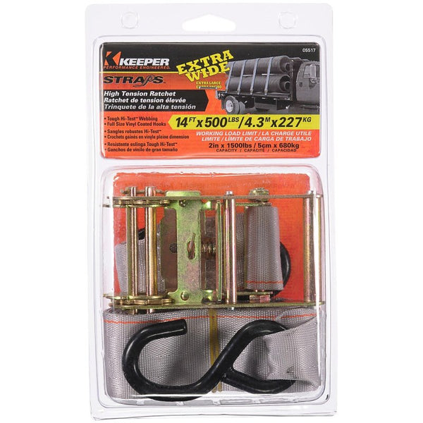 KEEPER - 2" x 14' High Tension Ratchet Tie-Down with S Hooks - 500 lbs. Working Load Limit and 1,500 lbs. Break Strength 05517