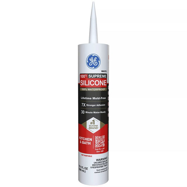 GE Supreme Silicone Caulk for Kitchen & Bath, White, 10.1 fl oz Cartridge, 1 Pack M90007