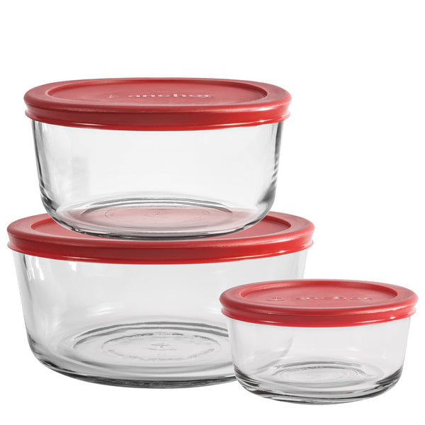 Anchor Hocking Classic Glass Food Storage Containers with Lids, Red, 6-Piece Set, Model Number 91056L24