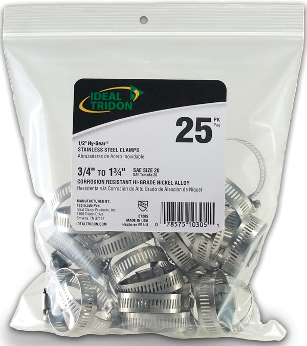 Ideal Tridon Hy Gear 3/4 in. to 1-3/4 in. SAE 20 Silver Hose Clamp Stainless Steel Band 6720550