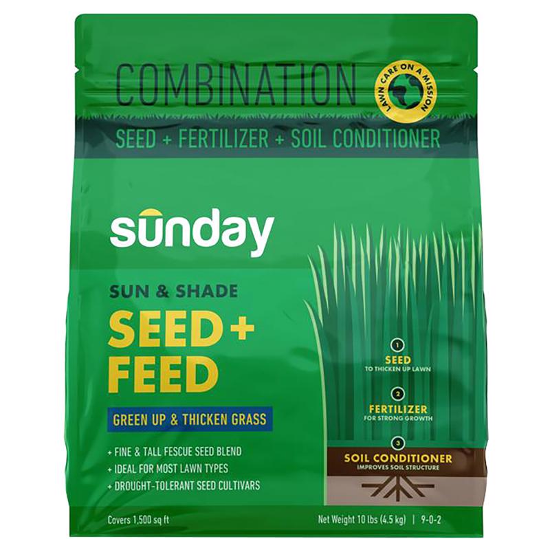 Sunday Northwest Seed + Feed - Grass Seed, Soil Conditioner, & Fertilizer Mix - Northwest Lawn Seed with Tall Fescue & Perennial Ryegrass - 9-0-2 NPK - Covers 1,500 sq. ft. - 10lbs