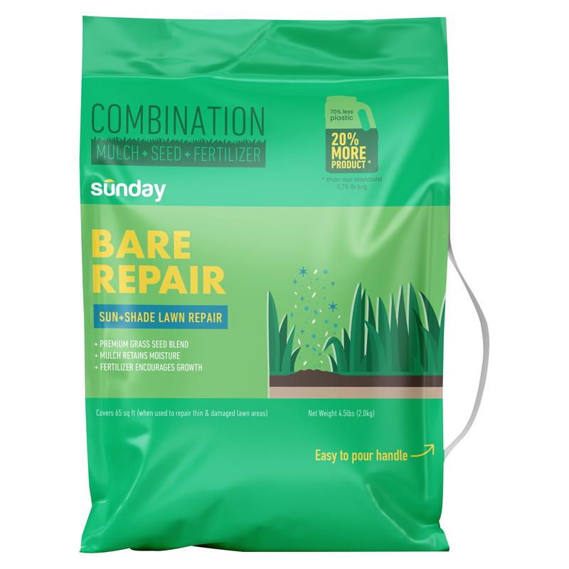 Sunday Bare Repair Sun and Shade Patch Repair – Perennial Ryegrass and Fescue Grass Seed with Fertilizer – Coco Coir and Mulch for Moisture – Grows in 14 Days or Less – 4.5 lb, 55 sq. ft.