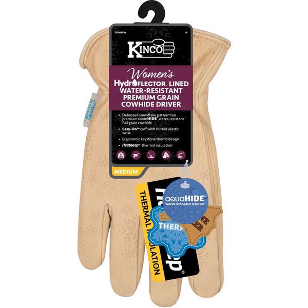 Kinco, 398HKPW-S, Women's HydroFlector Lined Water-Resistant Premium Grain Cowhide Driver, Small