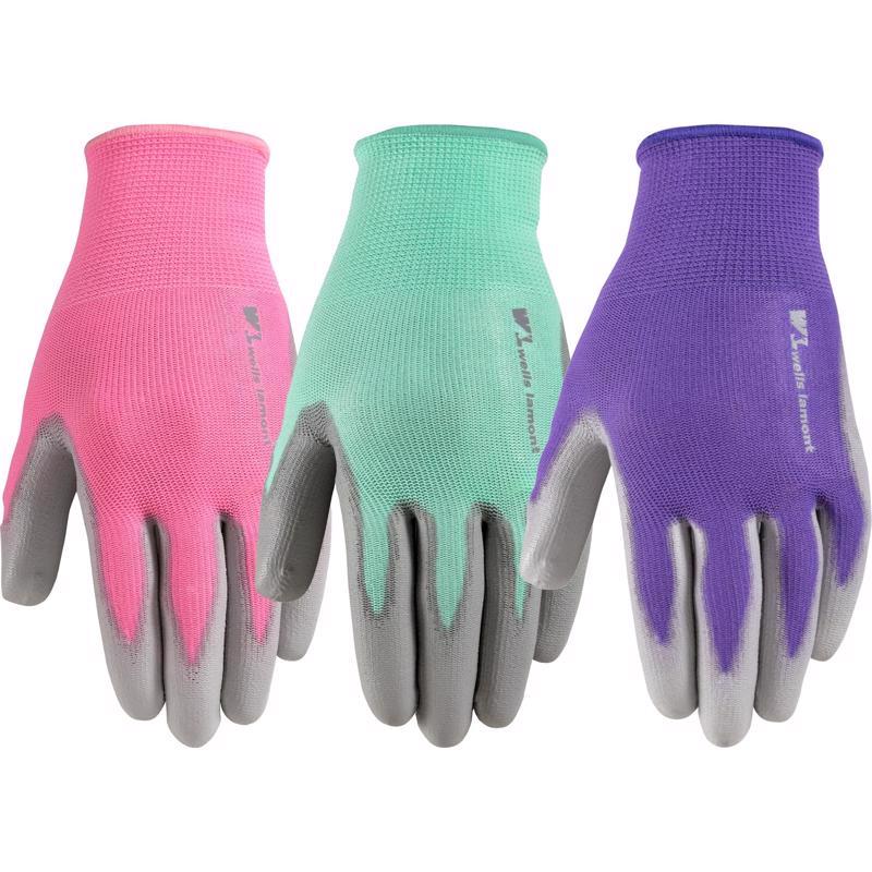 Wells Lamont Gardening Gloves for Women – Breathable Polyester, Seamless Fit – PU-Coated Palm for Grip & Durability – Elastic Wrist – Pink/Green/Purple (3-Pack)