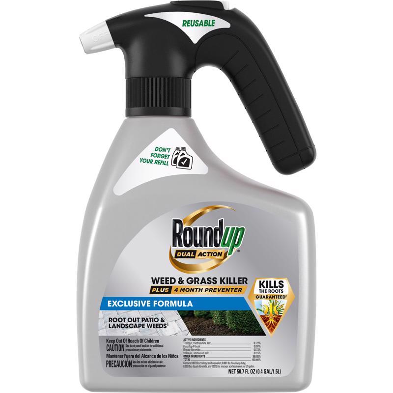 Roundup Dual Action Weed and Grass Killer Plus 4 Month Preventer with QuickHand Sprayer, for Patios and Landscapes, Kills Down to The Root, 1.5L