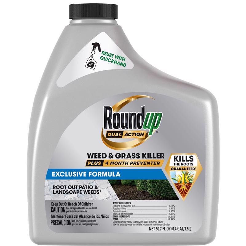 Roundup Dual Action Weed and Grass Killer Plus 4 Month Preventer, Refill for QuickHand Sprayer, for Patios and Landscapes, Kills Down to The Root, 1.5L