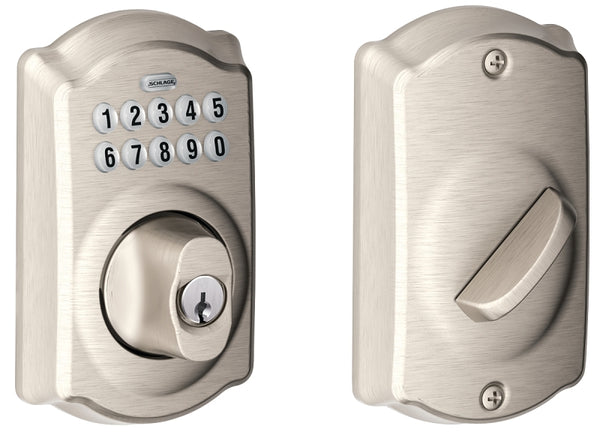 Schlage BE365 V CAM 619 Camelot Keypad Deadbolt, Electronic Keyless Entry Lock, Satin Nickel