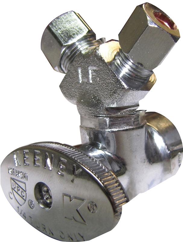 Plumb Pak PP2902VLF 3-Way Stop Valve, 1/2 X 3/8 X 1/4 in, Fip X Compression, Chrome Plated