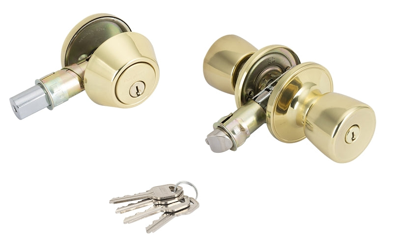 Toolbasix T-5764-D101PB Single Cylinder Tulip Combo Knob Lockset, 2-3/8 - 2-3/4 in Backset, K2 Keyed Alike