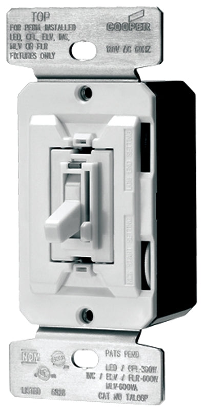 Eaton Universal Toggle Dimmer 120V, Single Pole or 3-Way, Back and Side Wire, 300W Dimmable LED/CFL, 600W Dimmable FLR, INC, HAL, MLV, ELV TUL06P-C2-KB-L