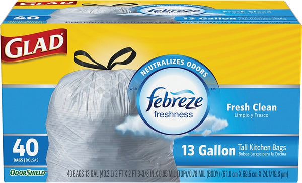 Glad Tall Kitchen Drawstring Fresh Clean Scent OdorShield Garbage Bags, 13 Gallon, 40 Count 78361