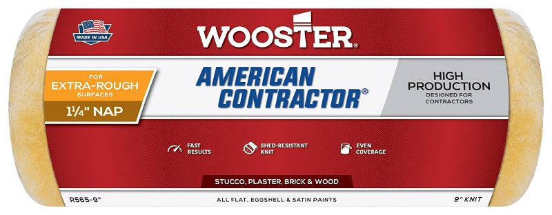 The Wooster Brush Company R565-9 American Contractor Paint Roller Cover, 9 in, 1-1/4 in Nap, Knit, Polypropylene Core, 9-Inch
