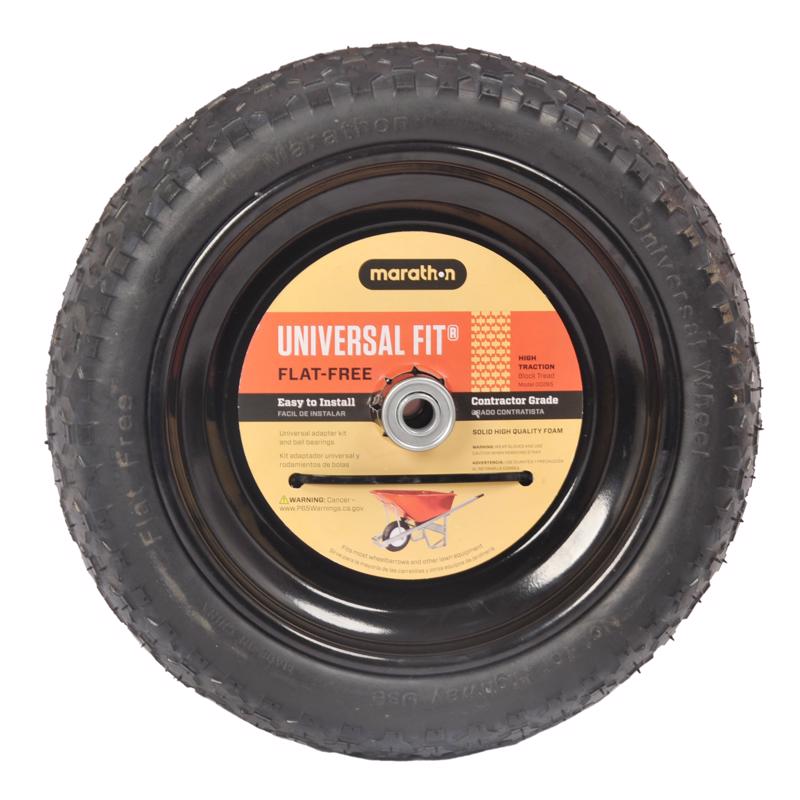 Universal Fit 00265 Flat-Free 14.5'' Tire and Wheel Assembly, Centered Hub, Ball Bearings, Adapter Kit Included, Replacement for Wheelbarrows and Carts, Easy Install Assembly