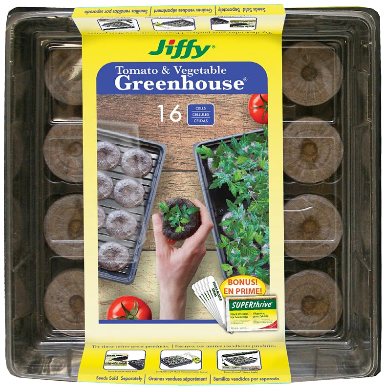 Jiffy 50mm Seed Starting Tomato & Vegetable Greenhouse Kit with 16 Biodegradable Expanding Peat Pellets + Bonus SUPERthrive & Plant Labels