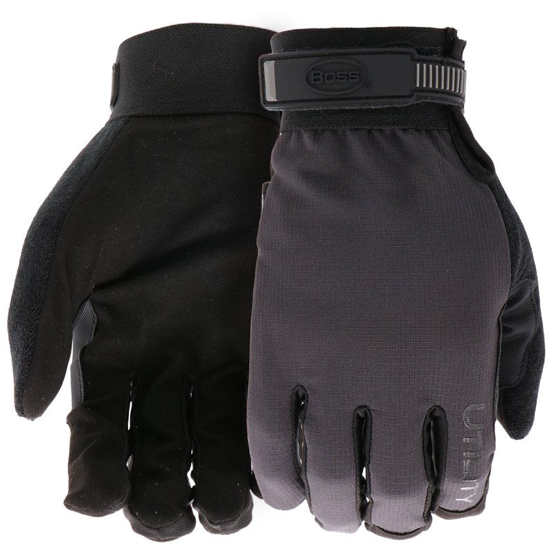 Boss Men's Utility Ripstop Synthetic Leather Palm Work Glove, Tear Resistant, Terry Sweat Wipe, Hook and Loop Closure, Gray/Black, X-Large, (B52011-XL)