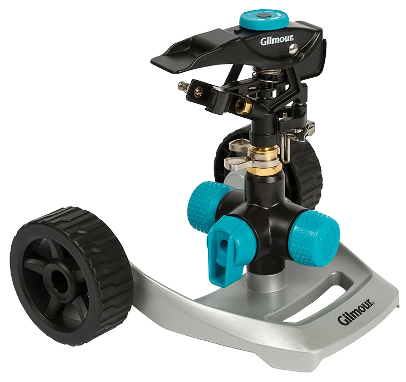 Gilmour 831673-1001 Circular Sprinkler w Adjustable (5,800 sq. ft.), Heavy Duty Wheel Base, Black/Aqua