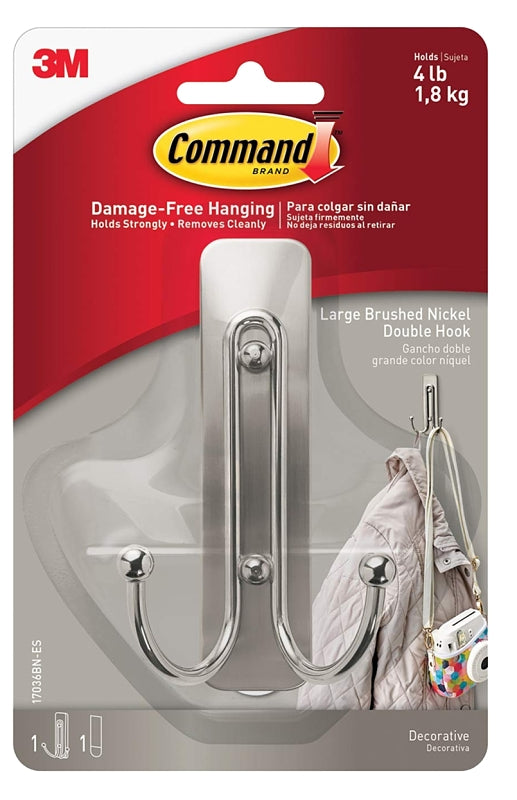 Command Large Brushed Nickel Double Hooks, 1 Hook, 1 Strip 17036BN-ES