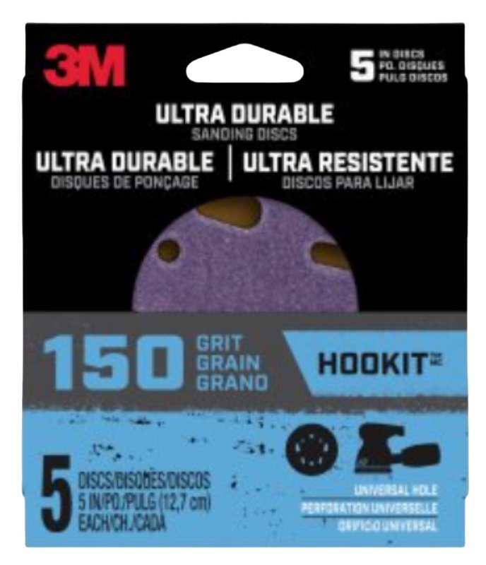 Minn Mining 3M Ultra Durable 5 inch Power Sanding Discs, Universal Hole, 150 grit,Disc5in5pk150, 5/pk, 20/case 27258