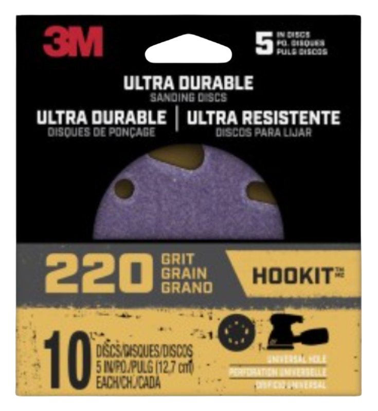3M Ultra Durable 5 inch Power Sanding Discs, Universal Hole, 220 Grit, 10/Pack 27252