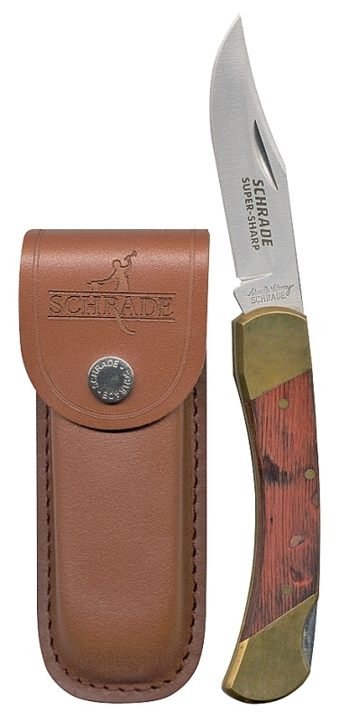 Uncle Henry LB7 Bear Paw Traditional Lockback Pocket Knife with 3.7in Clip Point High Carbon S.S. Blade, Wood Handle, Brass Bolsters, and Leather Belt Sheath for EDC, Hunting, Camping, and Outdoors , Brown