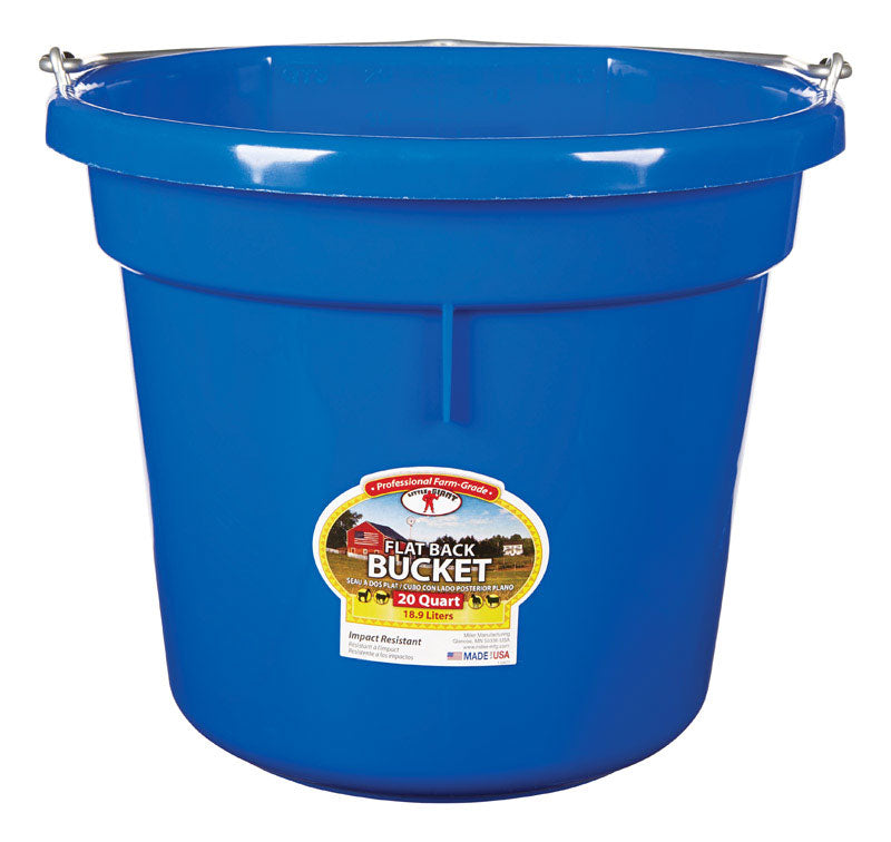 Little Giant® Flat Back Plastic Animal Feed Bucket | Animal Feed Bucket with Metal Handle | Horse Feed & Water Bucket | 20 Quarts | Blue