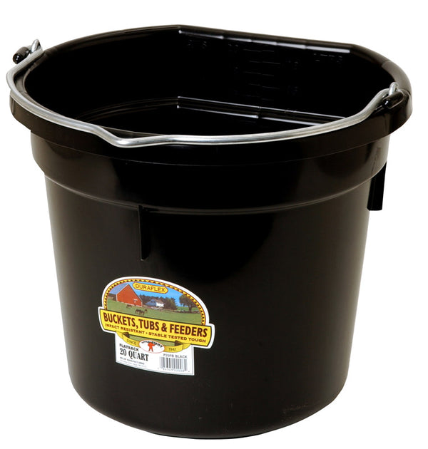 Little Giant Flat Back Plastic Animal Feed Bucket | Animal Feed Bucket with Metal Handle | Horse Feed & Water Bucket | 20 Quarts | Black P20FBBLACK6