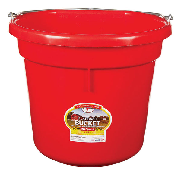 Little Giant Flat Back Plastic Animal Feed Bucket | Animal Feed Bucket with Metal Handle | Horse Feed & Water Bucket | 20 Quarts | Red P20FBRED6