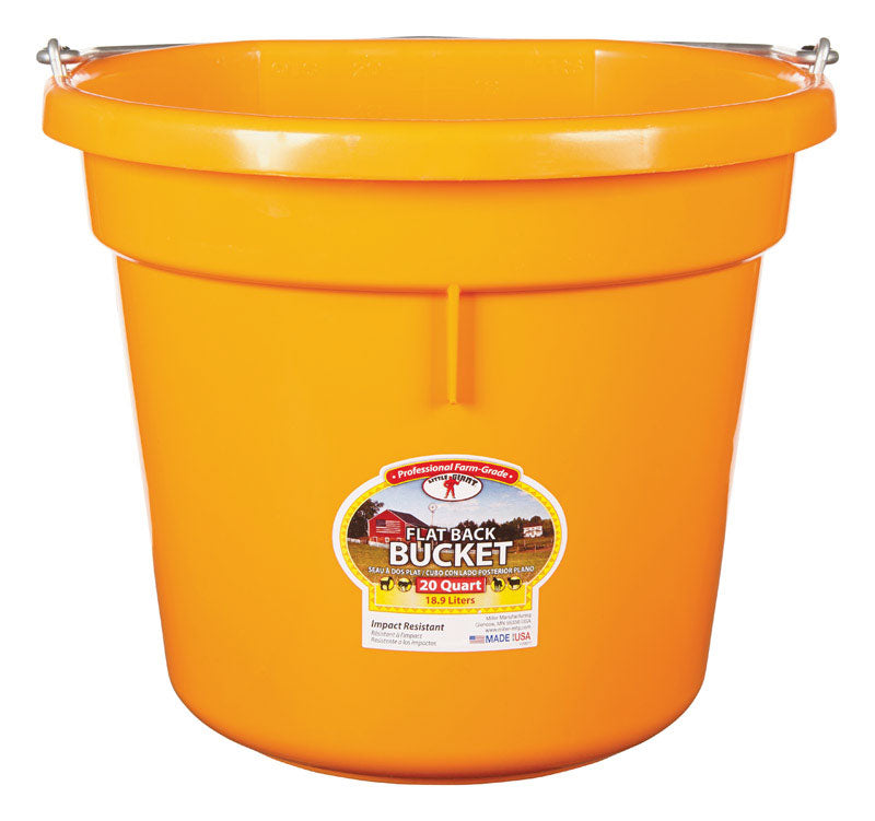 Little Giant® Flat Back Plastic Animal Feed Bucket | Animal Feed Bucket with Metal Handle | Horse Feed & Water Bucket | 20 Quarts | Orange