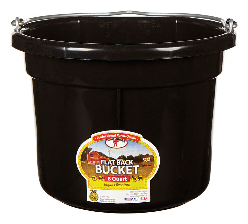 Little Giant® Flat Back Plastic Animal Feed Bucket | Animal Feed Bucket with Metal Handle | Horse Feed & Water Bucket | 8 Quarts | Black