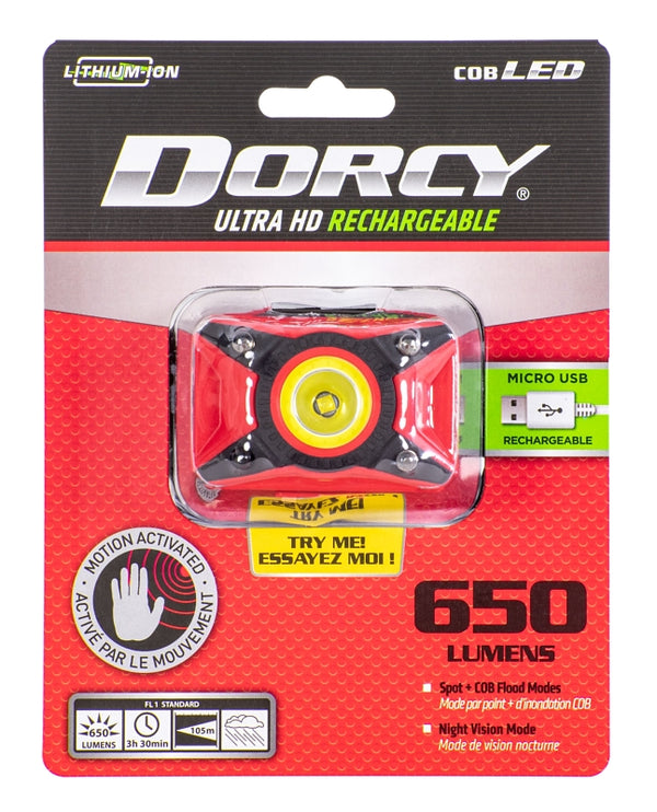DORCY 41-4337 650-Lumens LED USB Rechargeable Motion-Activated Headlamp, Red