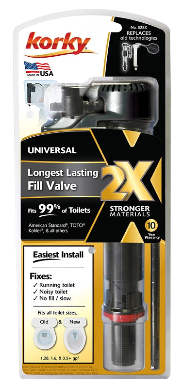 Korky QuietFILL 2X Long Life Toilet Fill Valve - Universal Fits 99% of Toilets - Easy Height Adjust for Fast Install, 528X 528XBP