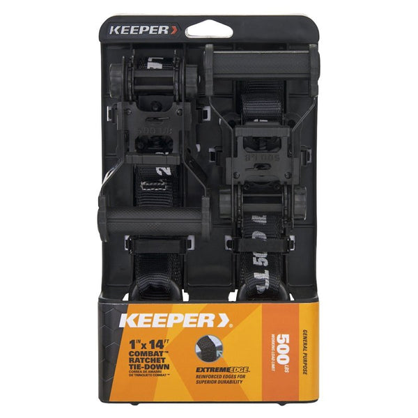 Keeper 85454 1,500 lbs. Break Strength Extreme Webbing Combat Ratchet Tie-Down with Double J Hooks, 2 Pack, Black - 500 lbs. Working Load Limit