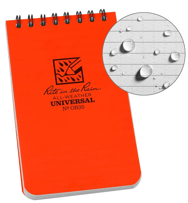 Rite in the Rain Weatherproof Top-Spiral Notebook, 3" x 5", Orange Cover, Universal Pattern (No. OR35)