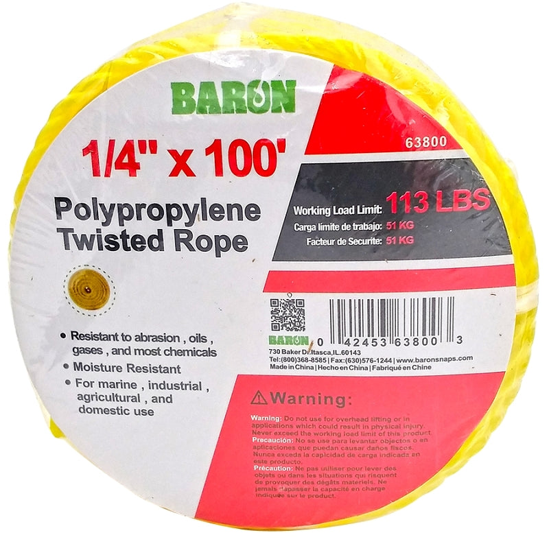 BARON MFG Rope Polyp TWT YEL 1/4INX100FT 63800