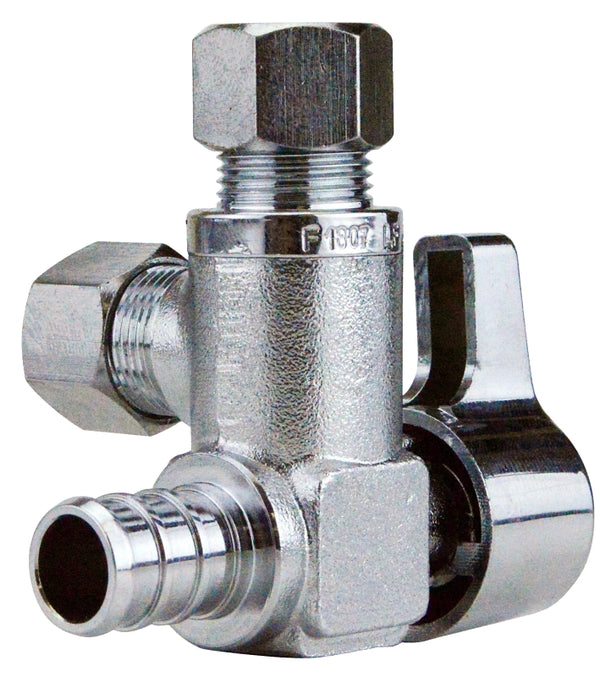 Apollo 1/2 in. Chrome-Plated Brass PEX Barb x 3/8 in. Compression Dual Outlet Quarter-Turn Angle Stop Valve APXVA123838C