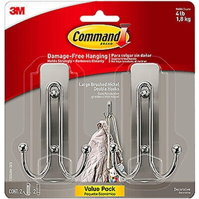 Command Large Brushed Nickel Double Hooks, 2 Hooks and 2 Strips, Damage Free Hanging Wall Hooks with Adhesive Strips, No Tools Coat Hooks for Hanging Home Decor, Holds up to 4 lb 17036BN-2ES