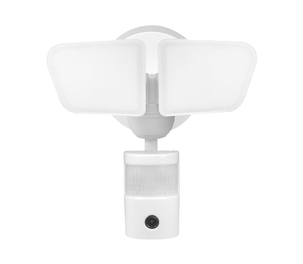 Globe Electric 180-Degree 26W Twin Head White Wi-Fi Smart 2200 Lumens 1080p Hardwired LED Motion Security Video Light with Audible Alarm, No Hub Required, Outside House Lights 17000214