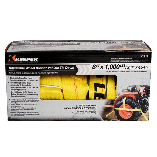 Keeper 04516 8' x 2' Automotive Cambuckle Tie-Down with Adjustable Wheel Bonnet - 1000 lbs Working Load Limit