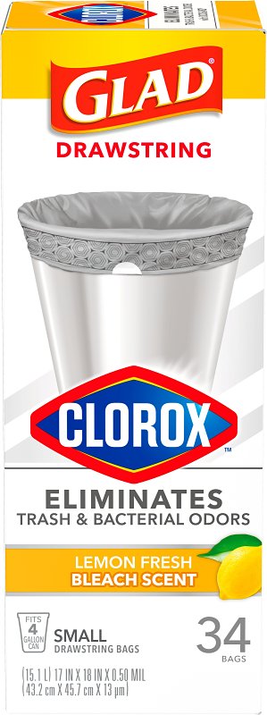 Glad Small Drawstring Trash Bags with Clorox, 4 Gal, Lemon Fresh Bleach, 34 Ct (Package May Vary) 79314