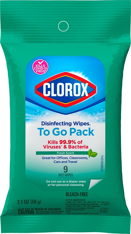 Clorox Disinfecting Cleaning Wipes To Go Pack, Bleach Free, Fresh Scent, 9 Count (Package May Vary) 1665