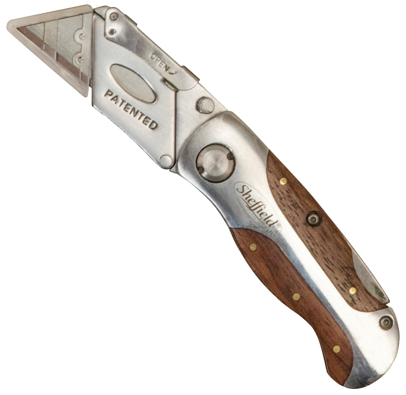 Sheffield 12115 Ultimate Lock Back Utility Knife, Folding, Box Cutter Knife, Carpet Knife, Drywall Cutter, and More, Quick-Change Blade, Back Lock Design, Aluminum & Wood Handle