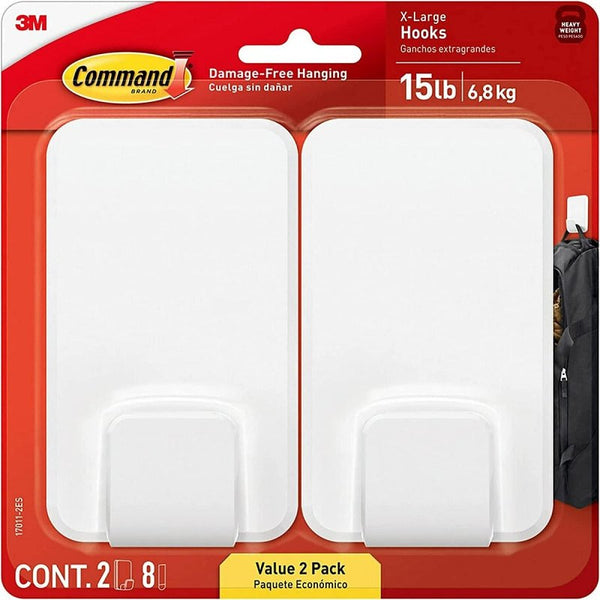 Command 15 Lb XL Heavyweight Wall Hook, Damage Free Hanging Wall Hook with Adhesive Strips, Heavy Duty Single Wall Hook for Hanging Back to School Organizers, 2 White Hooks and 8 Strips 17011-2ES