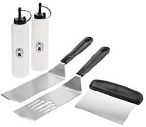 Coleman Flat Top 5-Piece BBQ Griddle Tool Kit, Stainless Steel Grilling Tool Kit with 2 Spatulas, Scraper, and 2 Squeeze Bottles, for Gas Grills and Griddles