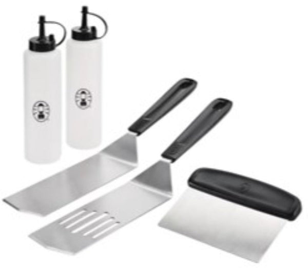 Coleman Flat Top 5-Piece BBQ Griddle Tool Kit, Stainless Steel Grilling Tool Kit with 2 Spatulas, Scraper, and 2 Squeeze Bottles, for Gas Grills and Griddles CTA-8000