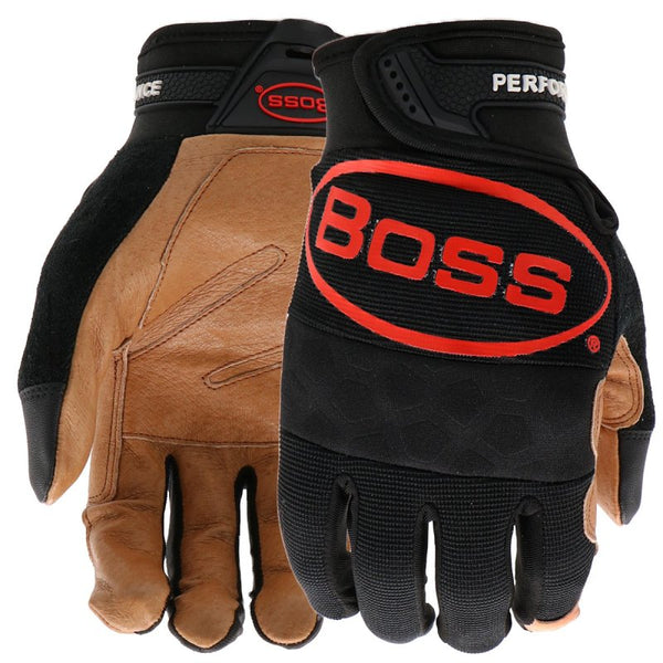 Boss Men's Job Master Grain Pigskin Leather Palm Work Glove, Abrasion Resistant, Spandex Backing, Knuckle Padding, Tan/Black, Medium (B51111-M)