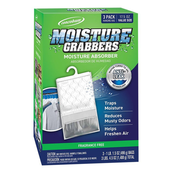Concrobium Moisture Grabbers, 3-Pack 17.5 oz Bags (Fragrance-Free) - Powerful Moisture Absorber with Anti-Leak Gel, Covers Up to 350 cu ft, Eliminates Musty Odors for Fresher Air 378467